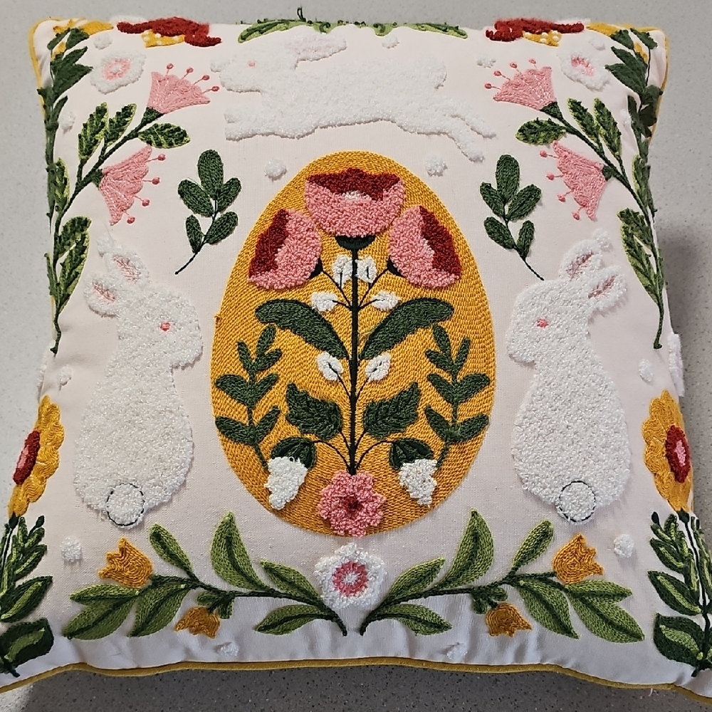 Embroidered Easter Bunny Floral Throw Pillow - Cream, Mustard, Pink, Green. NWT